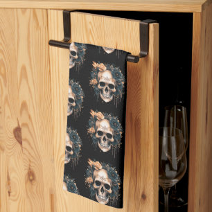Paño De Cocina Calavera Flores Negras y Doradas Patrón Halloween