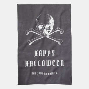 Paño De Cocina Calavera Pirata Negra Vintage y Huesos Halloween