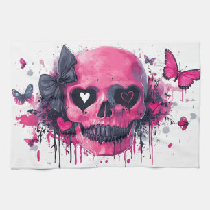 Paño De Cocina Calavera rosa con mariposas y corazones