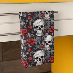 Paño De Cocina Calaveras de acuarela y rosas gris rojo