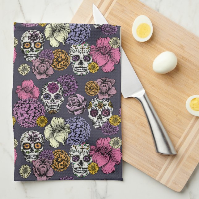 Paño De Cocina Calaveras de azúcar floral Dia de los Muertos (Doblado Cuarto)