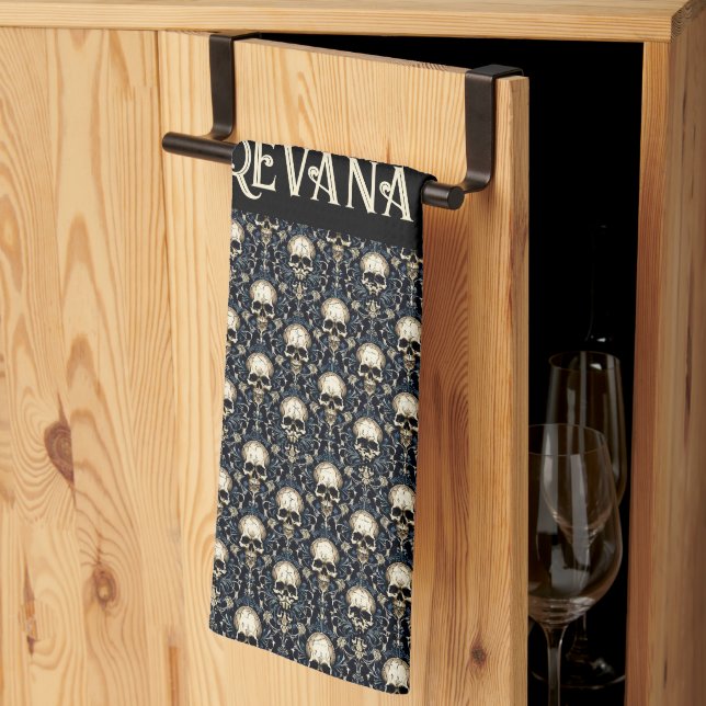 Paño De Cocina Calaveras de gótico con flor azul (Pliegue de tercios)