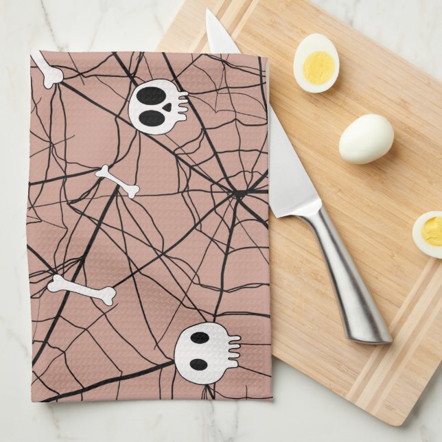 Paño De Cocina Calaveras de Halloween de moda, huesos y web (Doblado Cuarto)