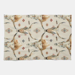 Paño De Cocina Calaveras de plumas nativas tribales de crema marr