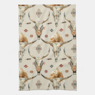 Paño De Cocina Calaveras de plumas nativas tribales de crema marr