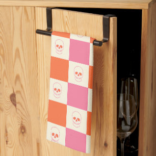 Paño De Cocina Calaveras de tablero de ajedrez en rosa, naranja y