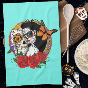 Paño De Cocina Calaveras Elegantes de Azúcar Monarca Rosas Rojas 