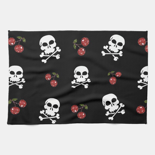 Paño De Cocina Calaveras y cerezas rocosas de RAB en negro (Horizontal)