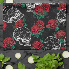Paño De Cocina Calaveras y rosas rojas | Gótico moderno Glam Grun