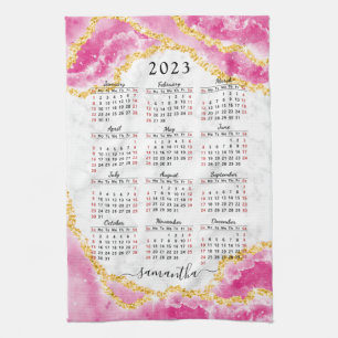 Paño De Cocina Calendario 2023 Monogramado Elegante blanco rosado