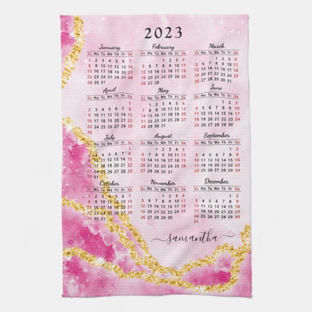 Paño De Cocina Calendario 2023 Nombre personalizado Girly rosa el (Vertical)