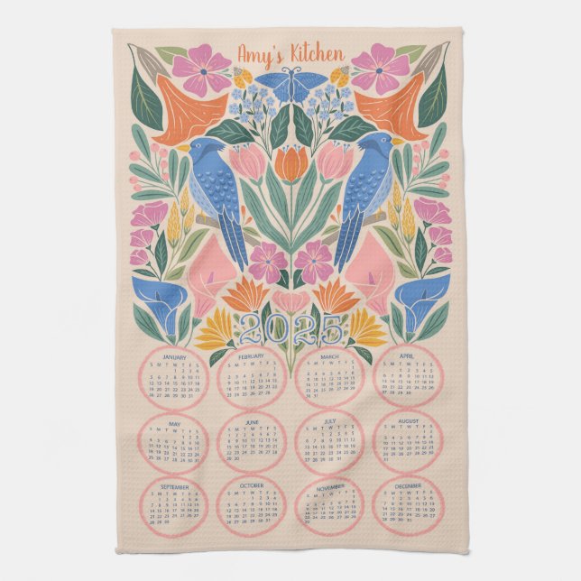 Paño De Cocina Calendario 2025 - Jay y Blooms azules (Vertical)