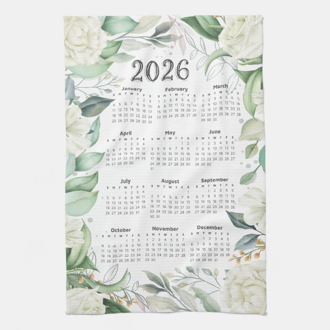 Paño De Cocina Calendario 2026 Acuarela Eucalyptus Floral Blanca (Vertical)