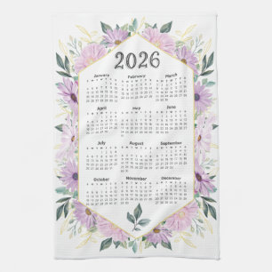 Paño De Cocina Calendario 2026 Acuarela Verde Botánico Púrpura