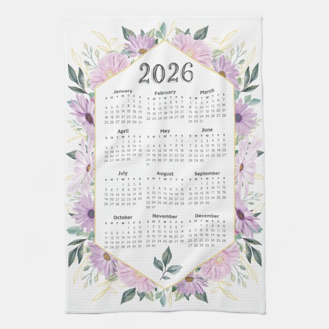 Paño De Cocina Calendario 2026 Acuarela Verde Botánico Púrpura (Vertical)