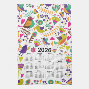 Paño De Cocina Calendario 2026 Aves y flores rosadas y moradas