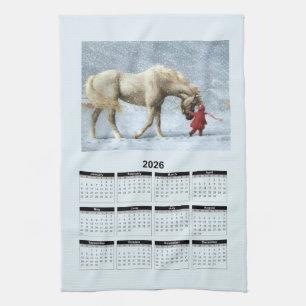 Paño De Cocina Calendario 2026 de un Caballo y una Niña en Nieve 