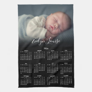 Paño De Cocina Calendario 2026 Elegante Letra Nombre Foto 