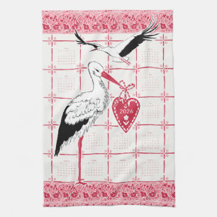 Paño De Cocina Calendario 2026 Elegante Stork Folk Alsaciano Rosa
