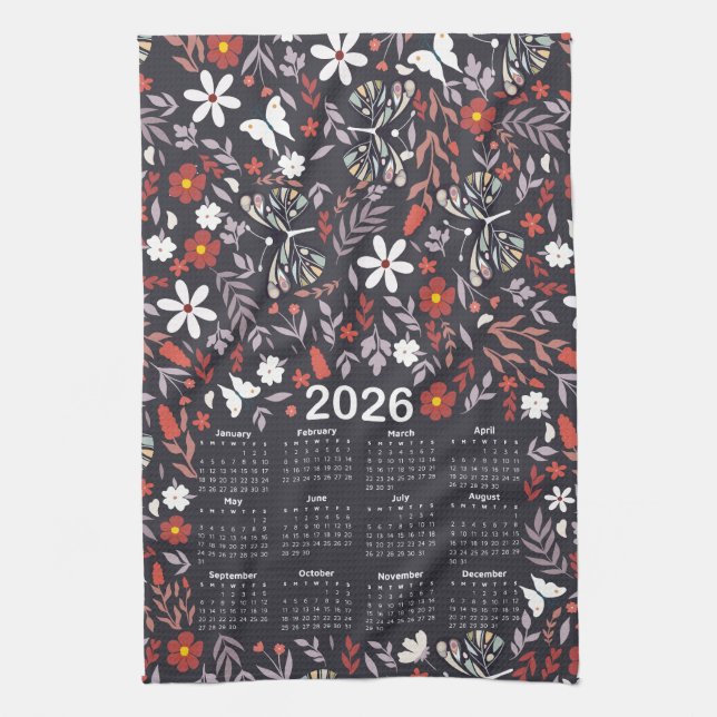 Paño De Cocina Calendario 2026 Floral y mariposa singulares (Vertical)
