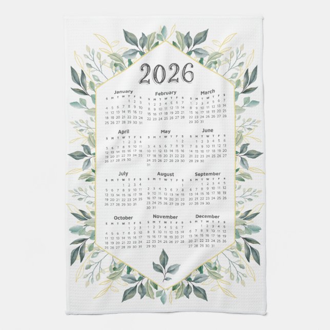 Paño De Cocina Calendario 2026 Hojas botánicas de acuarela modern (Vertical)
