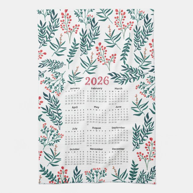Paño De Cocina Calendario 2026 Hojas verdes y patrón floral rojo (Vertical)
