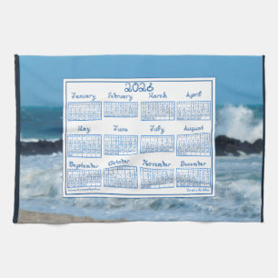 Paño De Cocina Calendario 2026 olas del océano rocas de playa fue