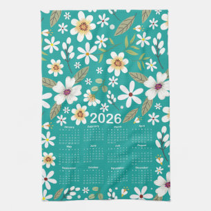 Paño De Cocina Calendario 2026 Patrón floral blanco