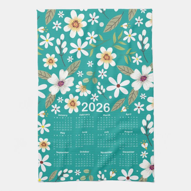 Paño De Cocina Calendario 2026 Patrón floral blanco (Vertical)