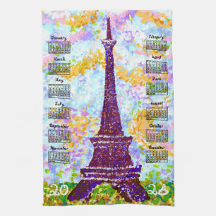 Paño De Cocina Calendario 2026 Torre Eiffel Paisaje Puntillismo