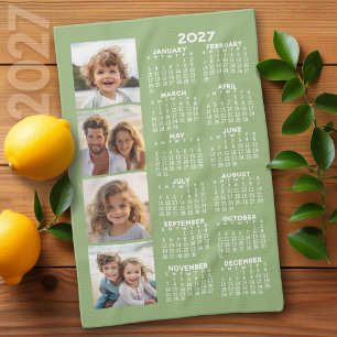 Paño De Cocina Calendario 2027 con collage de 4 fotos - Verde sal