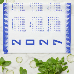 Paño De Cocina Calendario 2027, Falso Griego, Azul Griego sobre B