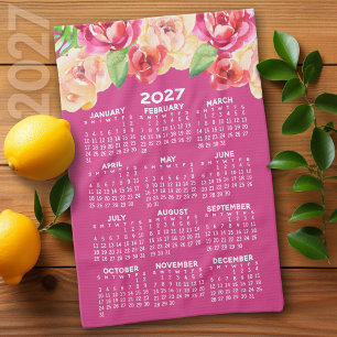 Paño De Cocina Calendario 2027 Flores de Acuarela pintadas de ros