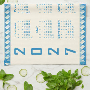 Paño De Cocina Calendario 2027, Fret Griego, Azul sobre Latte Cós
