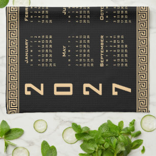 Paño De Cocina Calendario 2027, Fret Griego, Beige sobre Negro