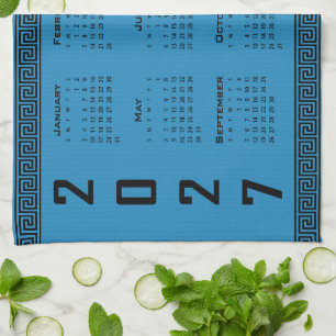Paño De Cocina Calendario 2027, Fret Griego, Negro sobre Azul Cos