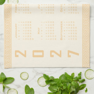 Paño De Cocina Calendario 2027, greca, beige sobre café cósmico
