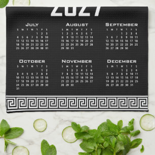 Paño De Cocina Calendario 2027, Greca Griega, Blanco sobre Negro
