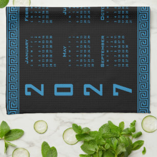 Paño De Cocina Calendario 2027, Greca Griega, Cosmos Azul sobre N