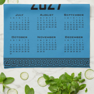 Paño De Cocina Calendario 2027, Greca Griega, Negro sobre Azul Co