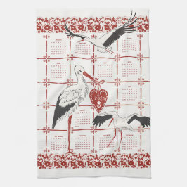 Paño De Cocina Calendario Alsaciano Elegante de Cigüeñas en Rojo 