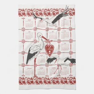 Paño De Cocina Calendario Alsaciano Elegante de Cigüeñas en Rojo