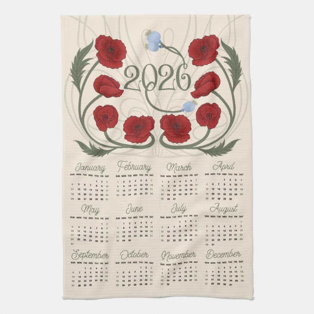 Paño De Cocina Calendario Art Nouveau Retro Floral Red Poppy 2026 (Vertical)