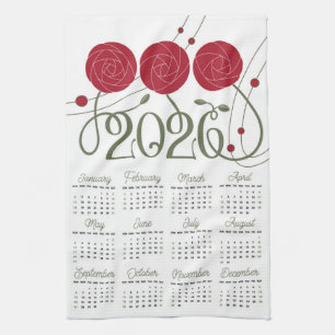 Paño De Cocina Calendario Art Nouveau Retro Floral Rosa Roja 2026
