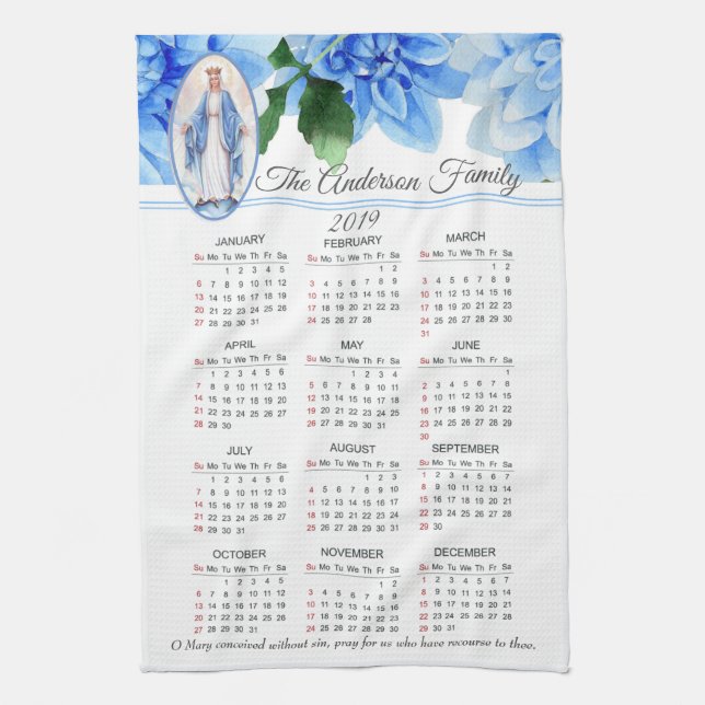 Paño De Cocina Calendario bendecido 2019 del Virgen María (Vertical)