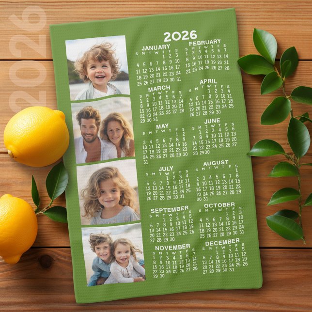 Paño De Cocina Calendario con 4 Collages de fotos - Verde (2026 Calendar)