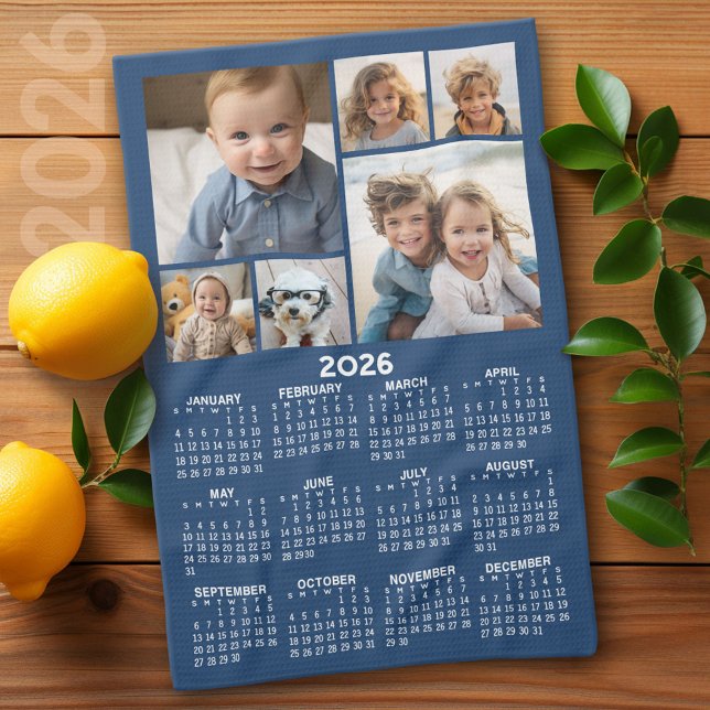 Paño De Cocina Calendario con 6 Collages de fotos - Azul (2026 Calendar)
