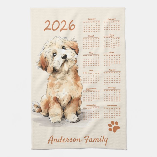 Paño De Cocina Calendario Cute Poodle Dog 2026 (Vertical)