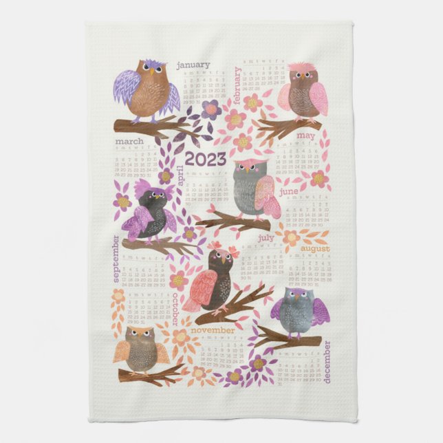 Paño De Cocina Calendario de 2023 años Whimsical Owls Fun Cute (Vertical)