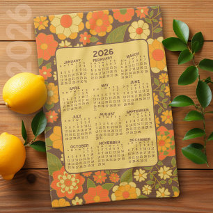 Paño De Cocina Calendario de año completo - Flores retro - Marrón
